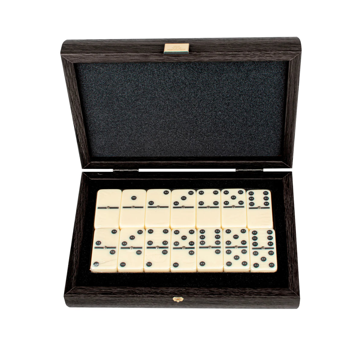 Premium Manopoulos Dominospiel, dunkelgraues Kunstleder-Holzetui, Geschenk