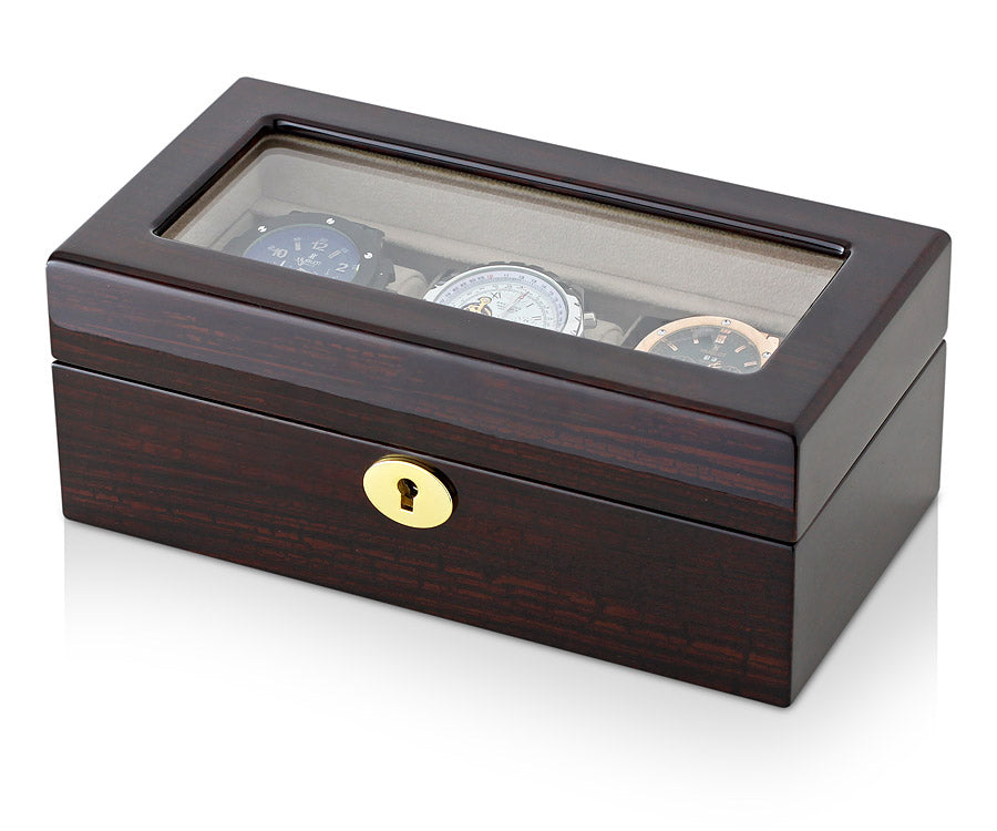 Luxury Wooden Watch Box Organizer for 3 Watches – High-Gloss Dark Wood (Piano Lacquer) & Beige Suede