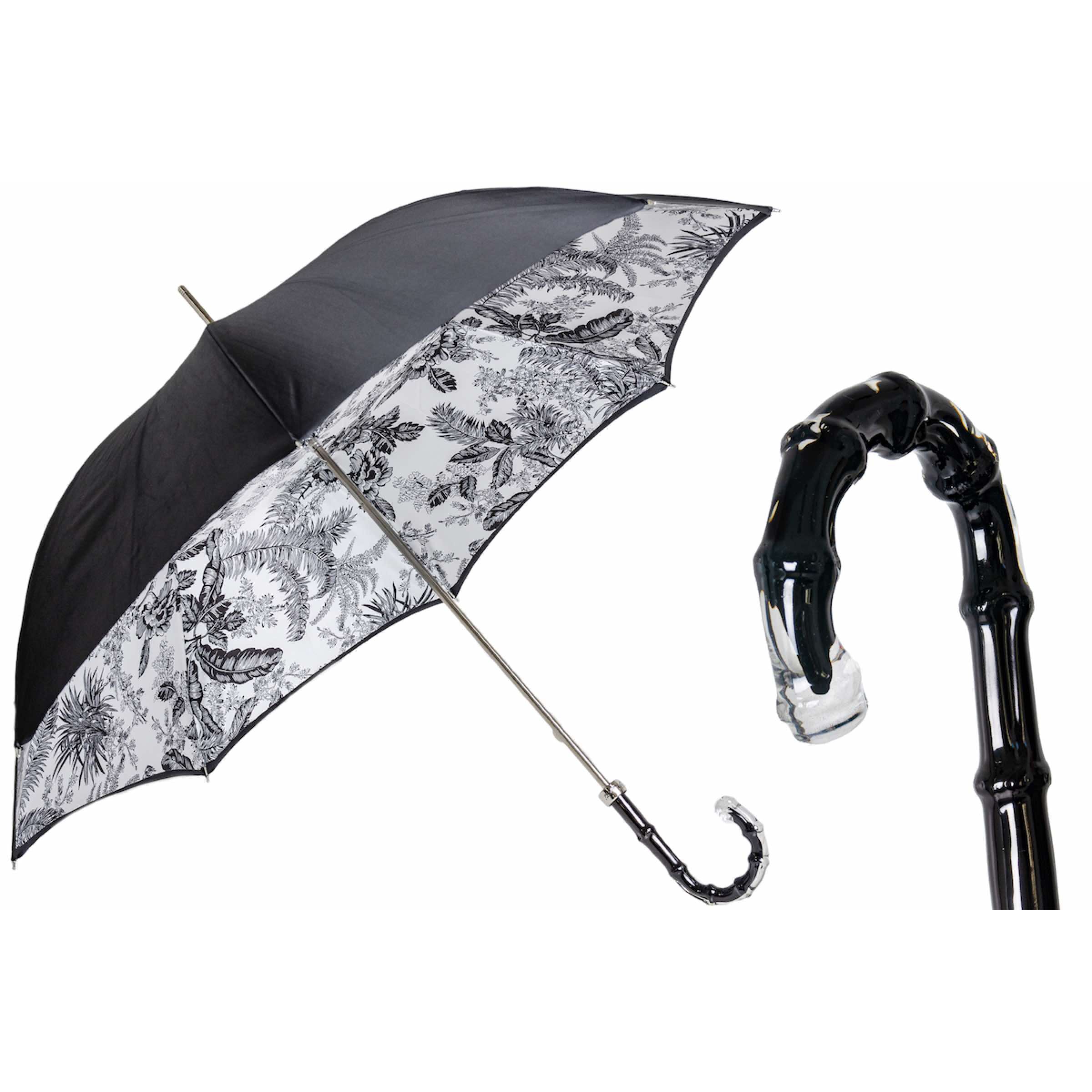PASOTTI Regenschirm Fiori Neri 93 cm, schwarzer floraler Acetatgriff, Italien