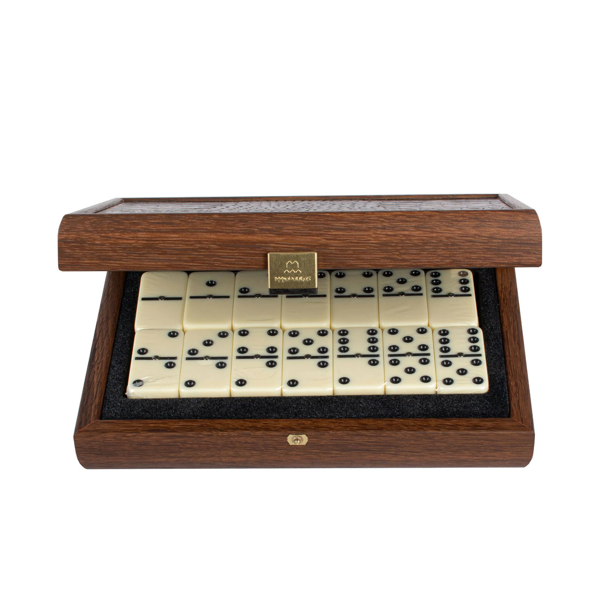 Premium Manopoulos Dominospiel in karamellfarbenem Kunstlederetui aus Holz, Geschenk