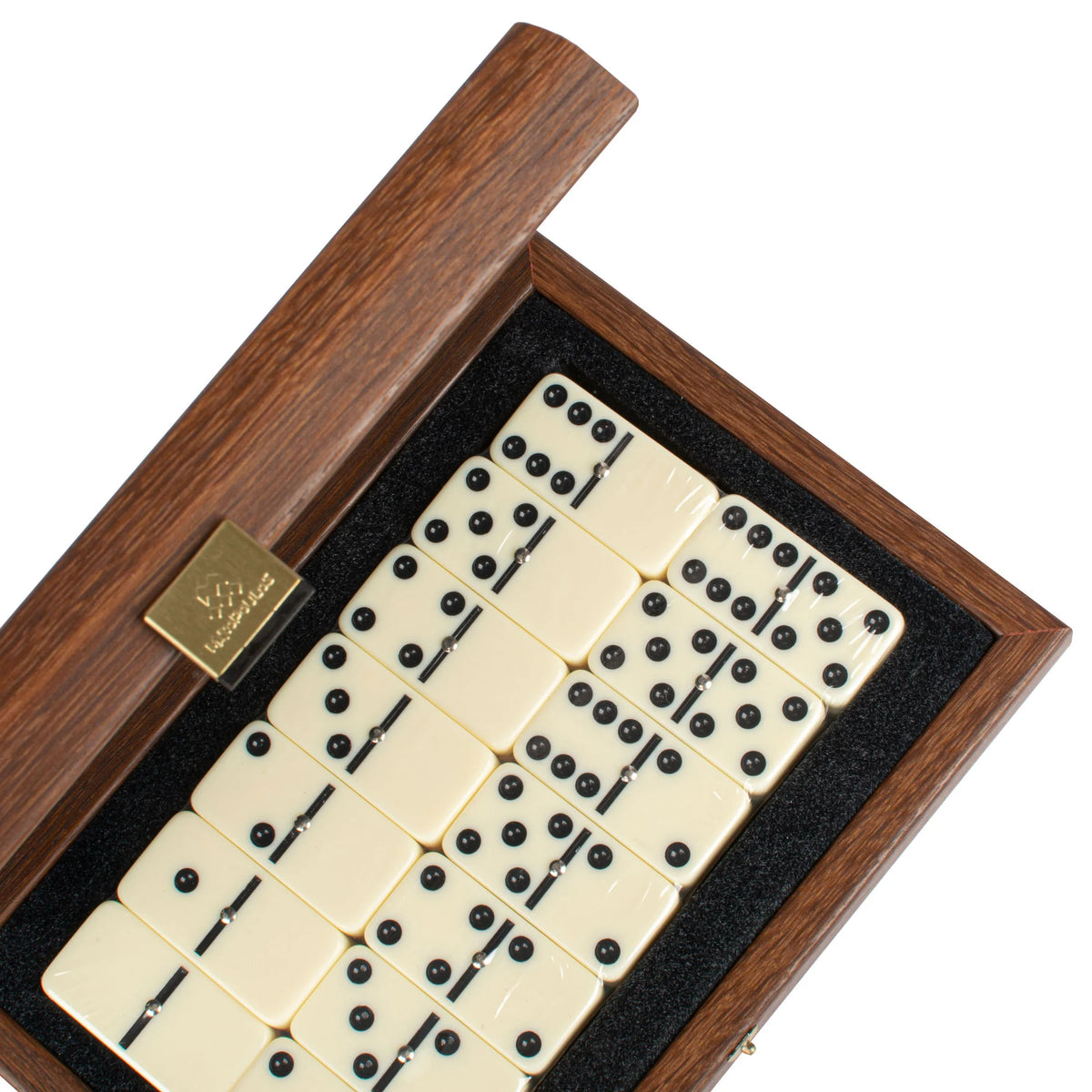 Premium Manopoulos Dominospiel in karamellfarbenem Kunstlederetui aus Holz, Geschenk