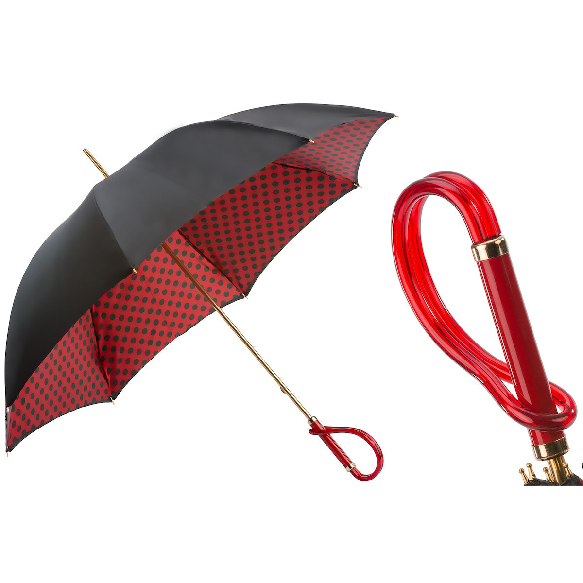 PASOTTI Regenschirm 93 cm, schwarz-rot gepunktet, doppelter Stoffgriff aus Acetat