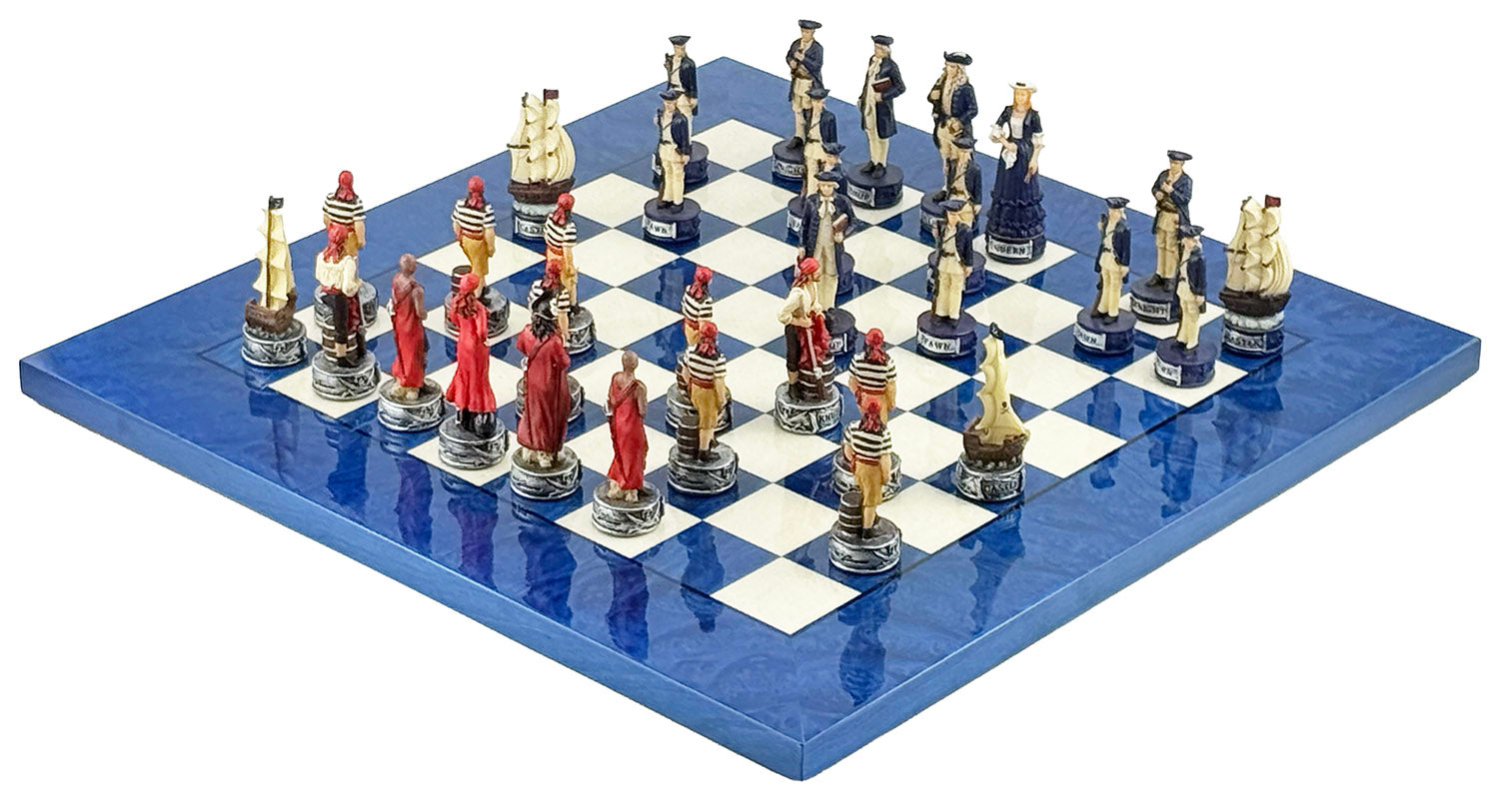 Piraten-Schachset 8 cm + MADRONA Schachbrett weiß/blau 42 cm
