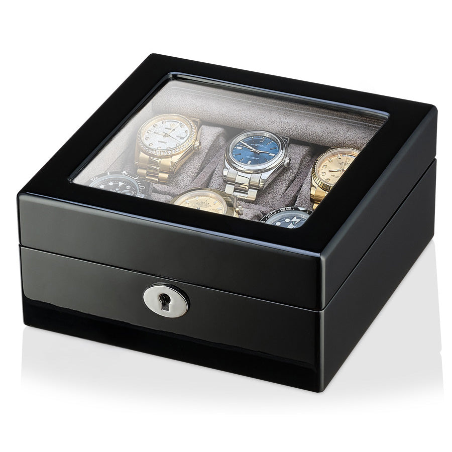 Luxury Wooden Watch Box for 6 Watches – High-Gloss Piano Black & Soft Grey Velvet