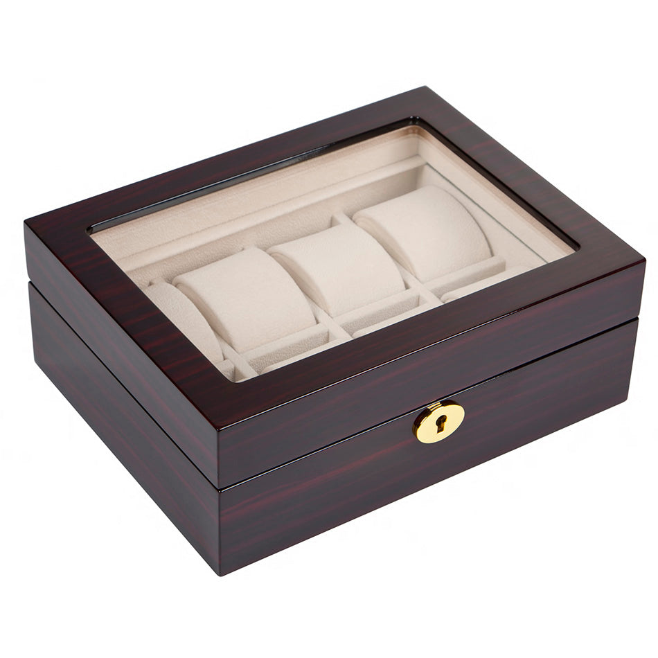 Premium Wooden Watch Box for 8 Watches – Striped Dark Piano Gloss & Beige Velour