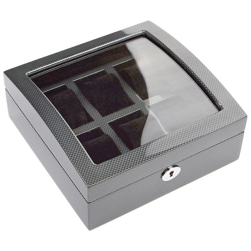 Edle Uhrenbox aus Karbonfaser und Holz für 6 Uhren – Hochglanz-Klavierlack & schwarzer Velours