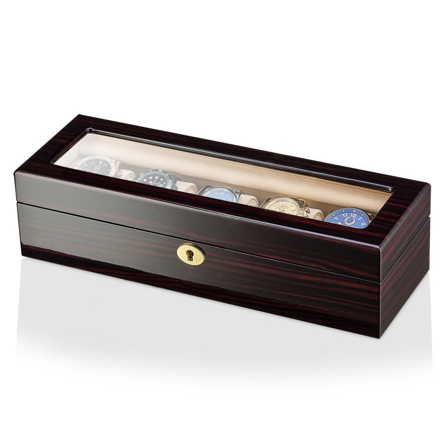 Luxuriöser Uhrenbox-Organizer aus Holz für 5 Uhren – Hochglanz gestreiftes Ebenholz/Zebranoholz & beiges Wildleder