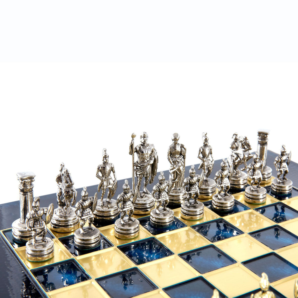 Metall-Schachspiel, Thema Antikes Griechenland 28×28 cm – Gold & Silber