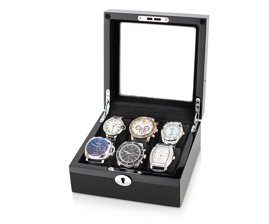 Luxury Wooden Watch Box for 6 Watches – High-Gloss Piano Black & Soft Black Velvet