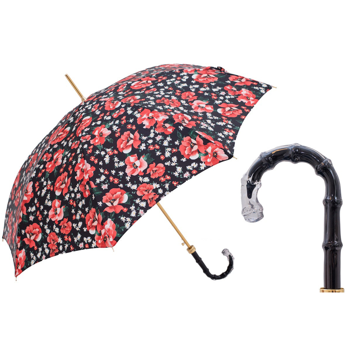 PASOTTI Sonnenschirm 93 cm, rote Anemonen, schwarzes Blumenmuster, automatischer Automatikschirm aus Bambusacetat