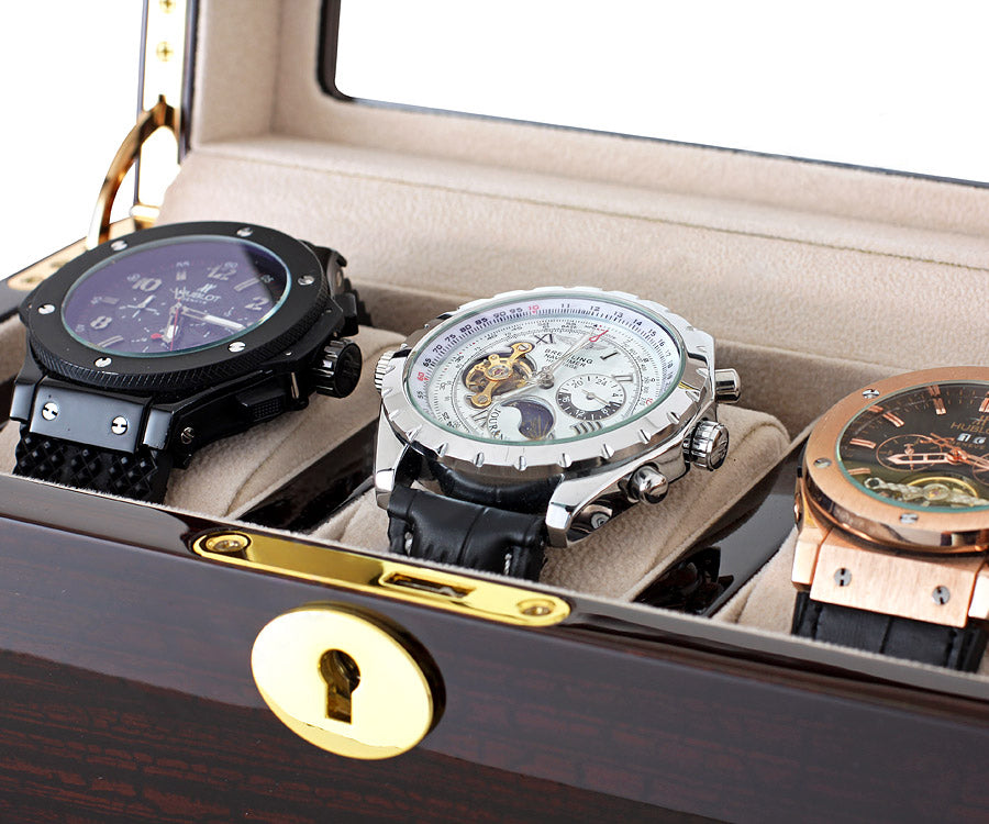 Luxury Wooden Watch Box Organizer for 3 Watches – High-Gloss Dark Wood (Piano Lacquer) & Beige Suede