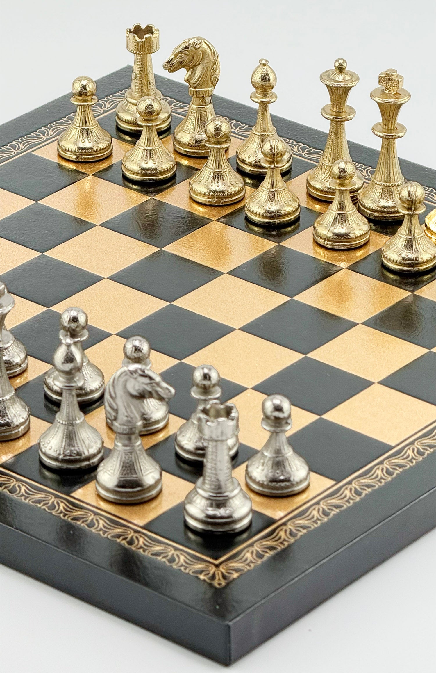 24k Gold & 925 Silver Plated Italfama Mignon Fiorito Chess Set with Eco-Leather Board (26x26 cm)