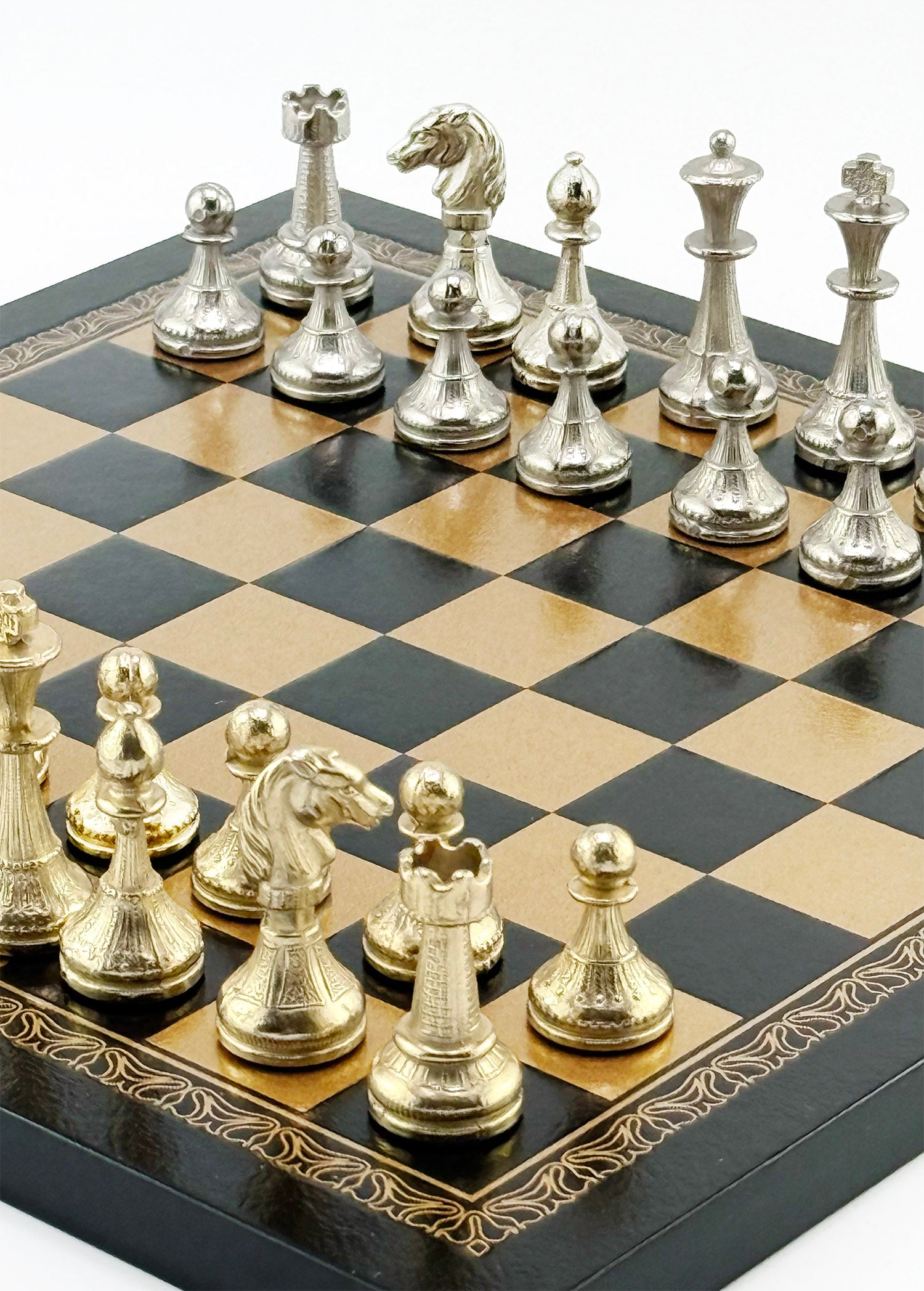 24k Gold & 925 Silver Plated Italfama Mignon Fiorito Chess Set with Eco-Leather Board (26x26 cm)