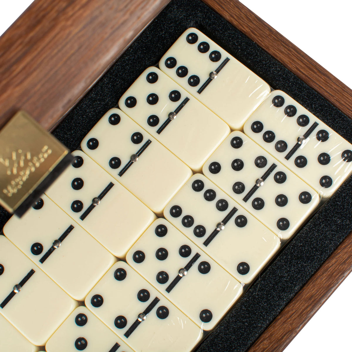 Premium Manopoulos Dominospiel in karamellfarbenem Kunstlederetui aus Holz, Geschenk