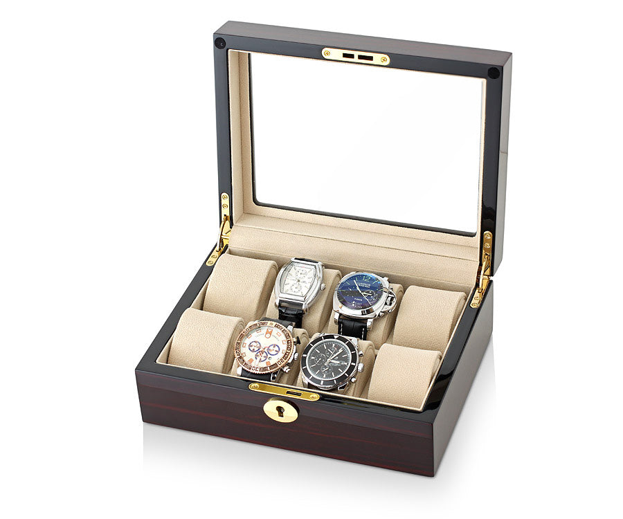 Premium Wooden Watch Box for 8 Watches – Striped Dark Piano Gloss & Beige Velour