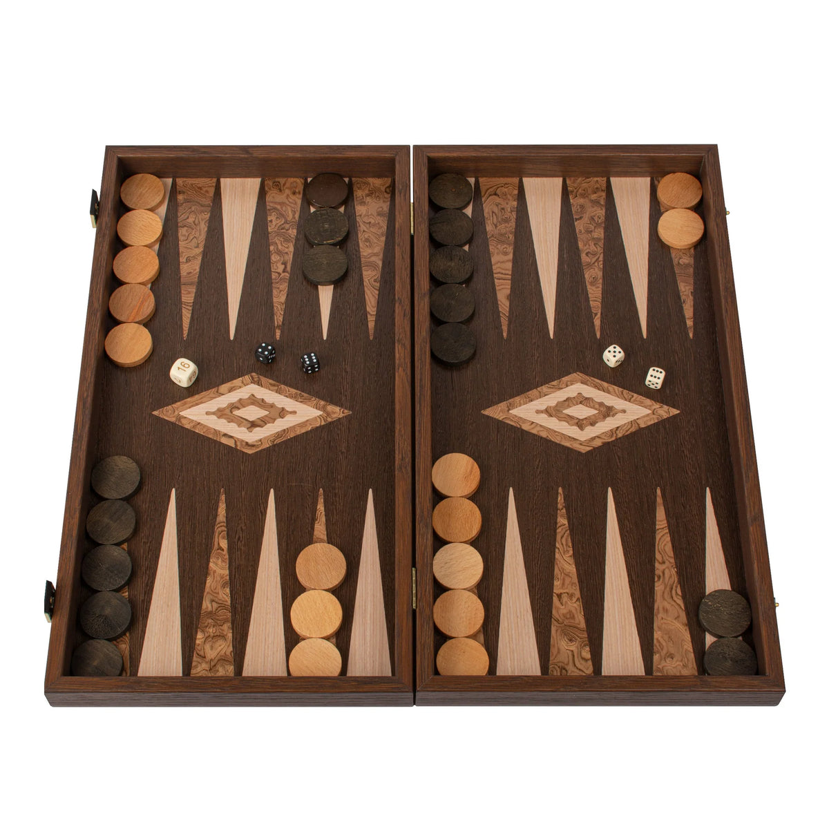 Kompaktes Manopoulos Backgammon-Set Wenge Wurzelnuss Eiche 30x17