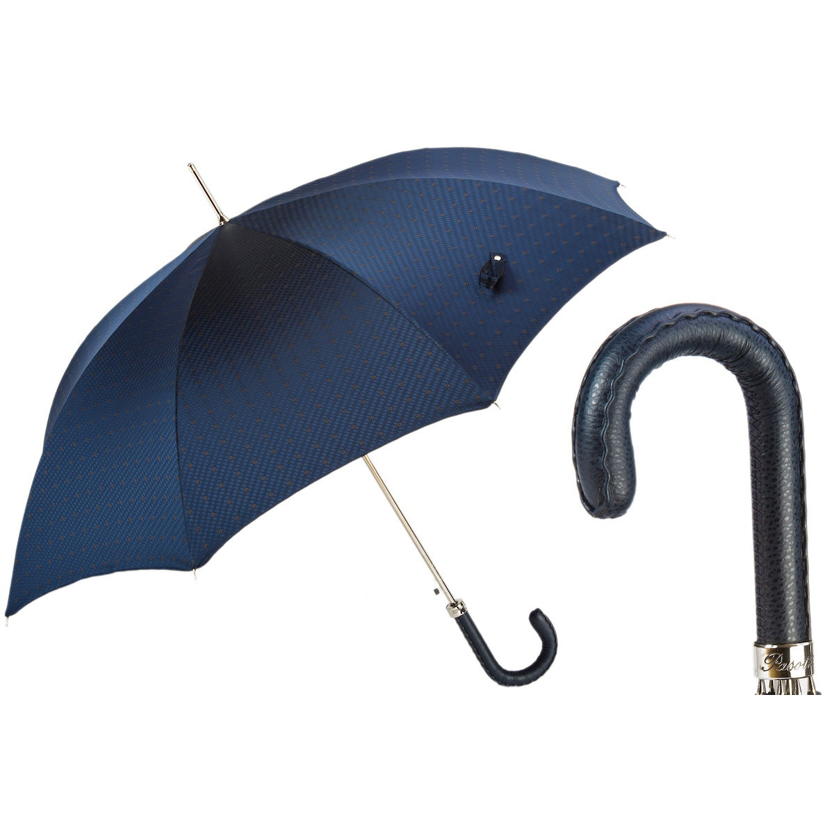 PASOTTI Herren-Regenschirm 95 cm, marineblauer Ledergriff, manuell zu bedienen, italienischer Luxus