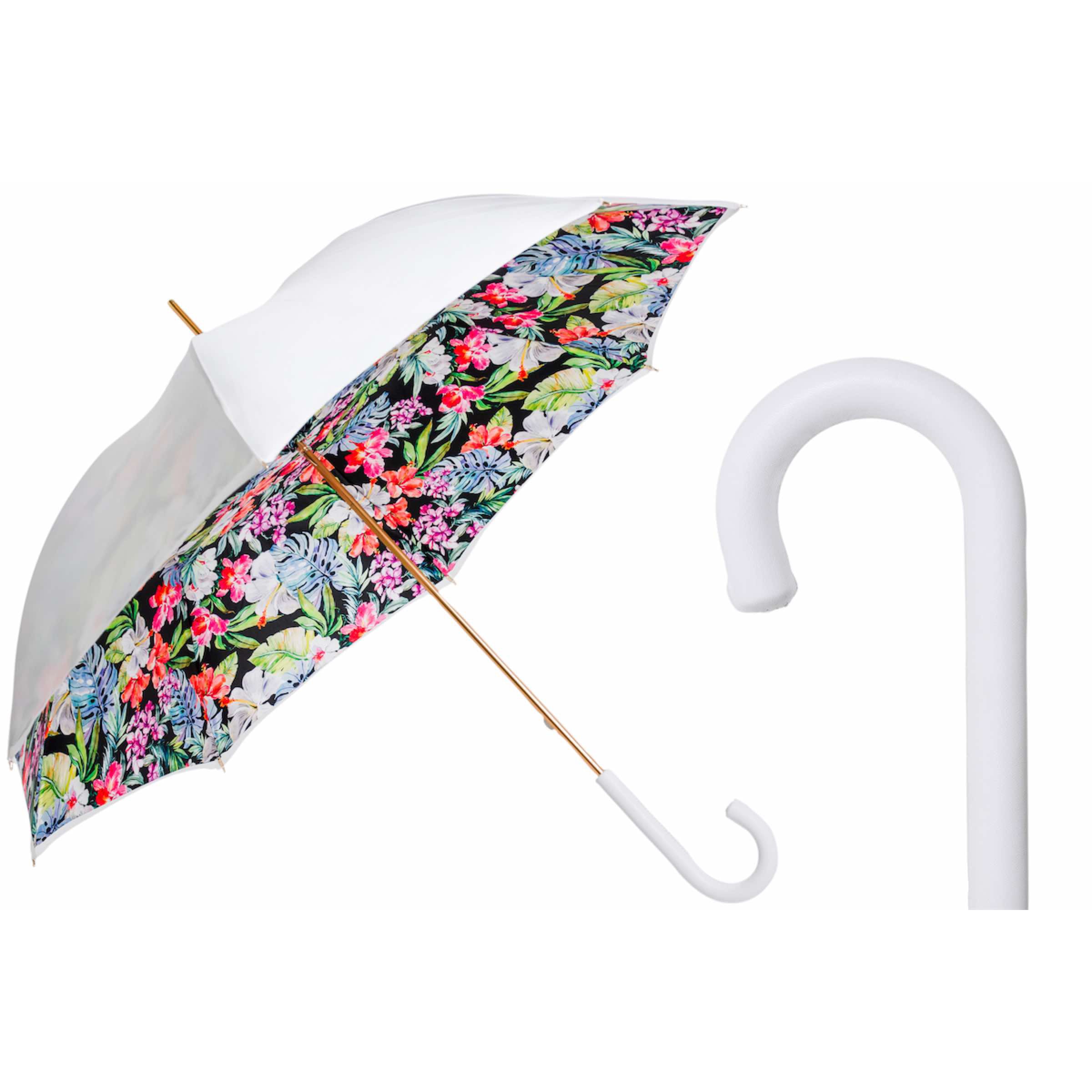 PASOTTI Regenschirm 93 cm, weiß mit Blumenmuster, Ledergriff, manuell, Italien