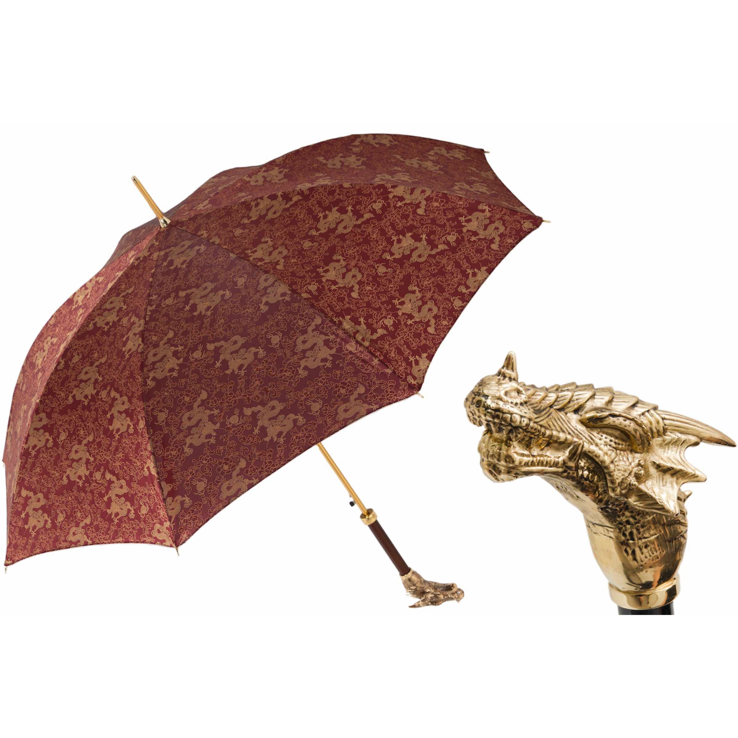 Regenschirm „Goldene Drachen“ in Burgunderrot | Pasotti – Majestät und Geheimnis, handgefertigt in Italien