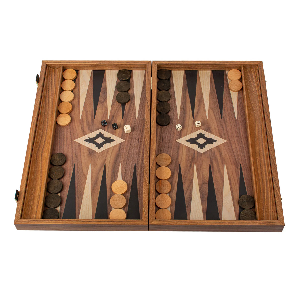 Manopoulos Backgammon-Set Mittel, Walnuss-Nachbildung, mit seitlichen Ablagen, 38x23