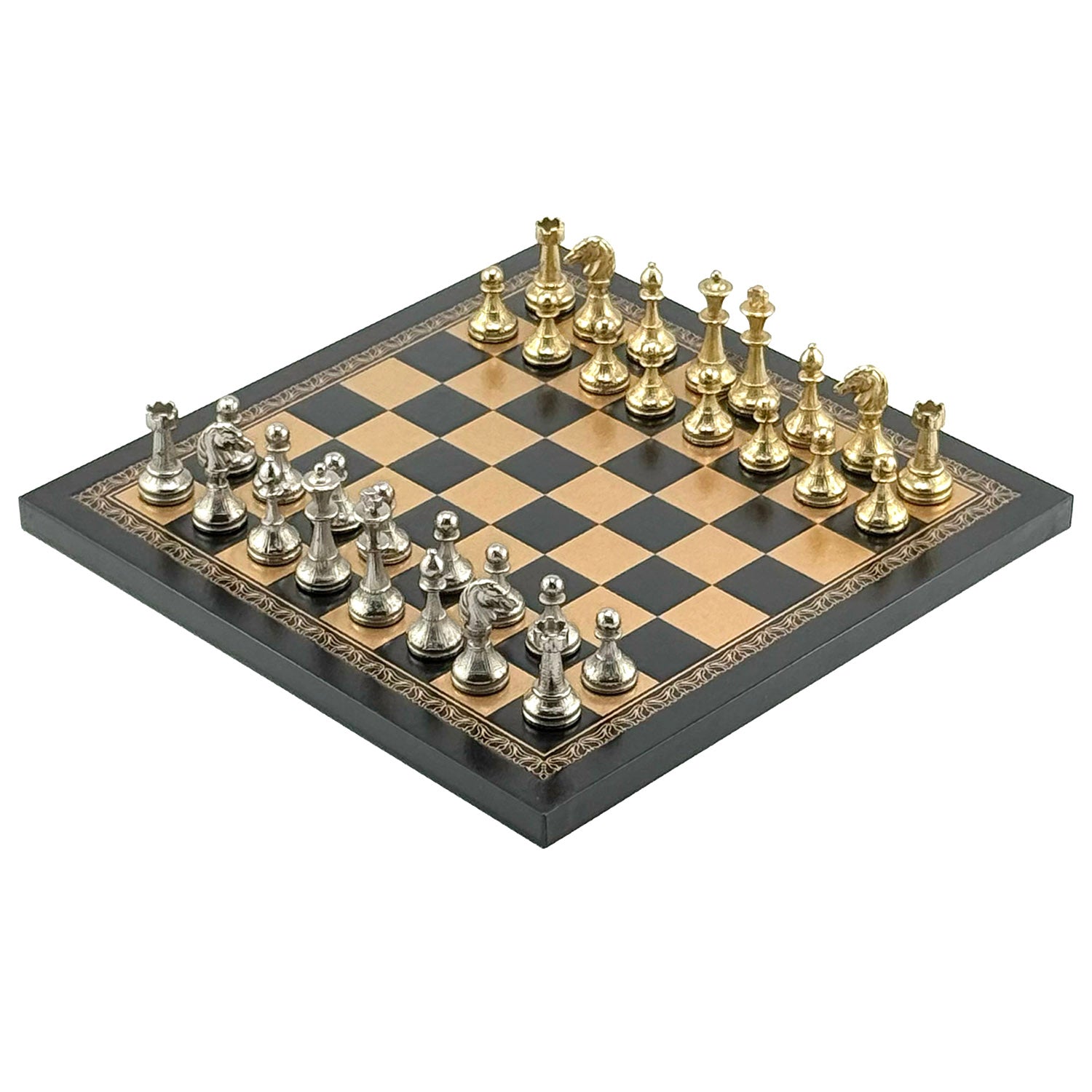 24k Gold & 925 Silver Plated Italfama Mignon Fiorito Chess Set with Eco-Leather Board (26x26 cm)