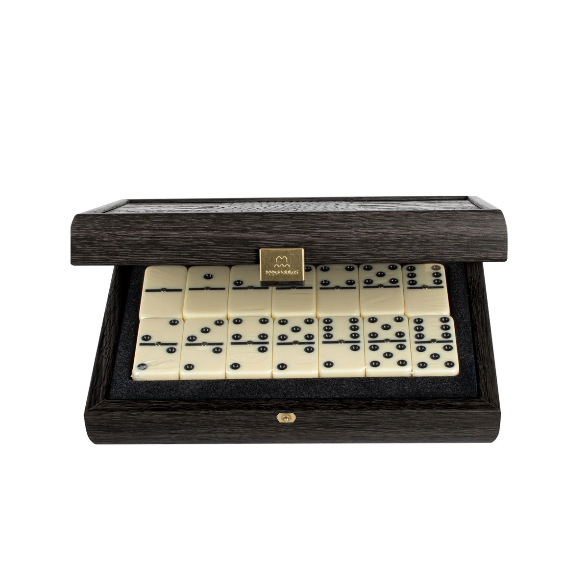 Premium Manopoulos Dominospiel, dunkelgraues Kunstleder-Holzetui, Geschenk