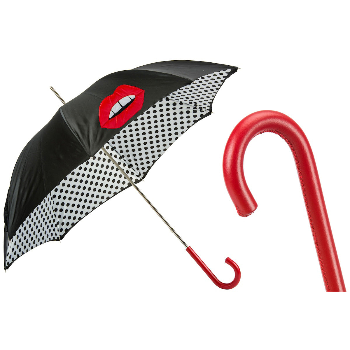 PASOTTI Regenschirm 93 cm, gepunktet, doppelter Stoffinnenraum, Ledergriff