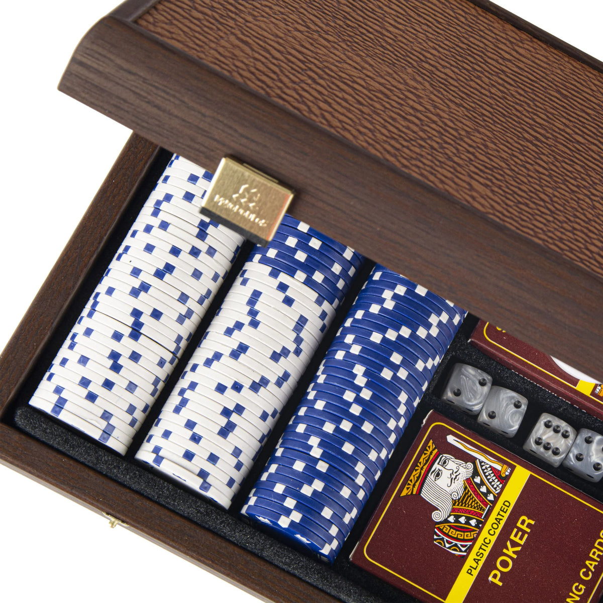 Luxuriöses Manopoulos Poker-Set, 300 Chips, dunkles Walnussgehäuse, 39x22 cm