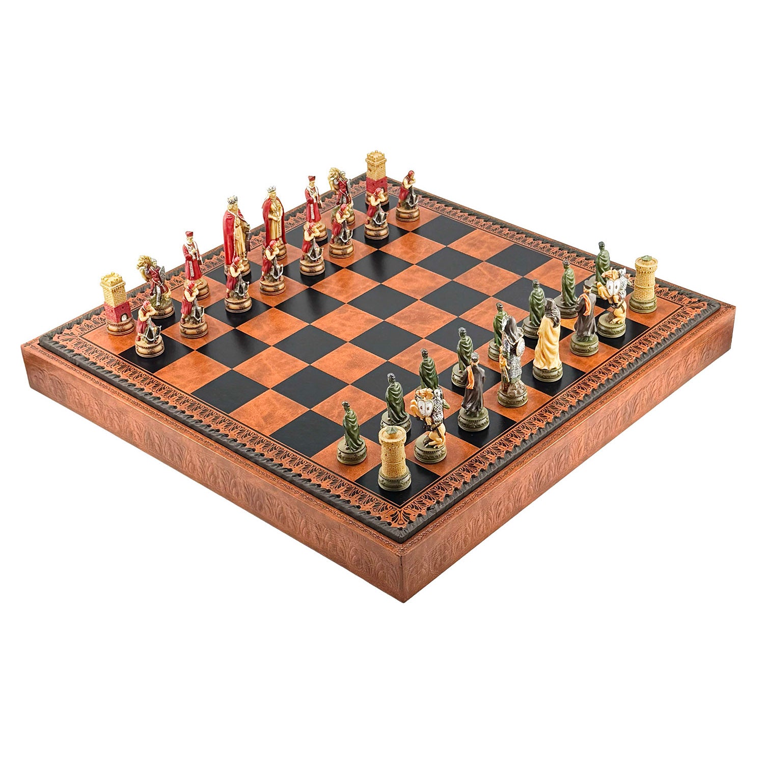 Luxuriöses 3-in-1-Camelot-König-Arthur-Schachspiel, handbemalt, Kunstleder, 48 cm