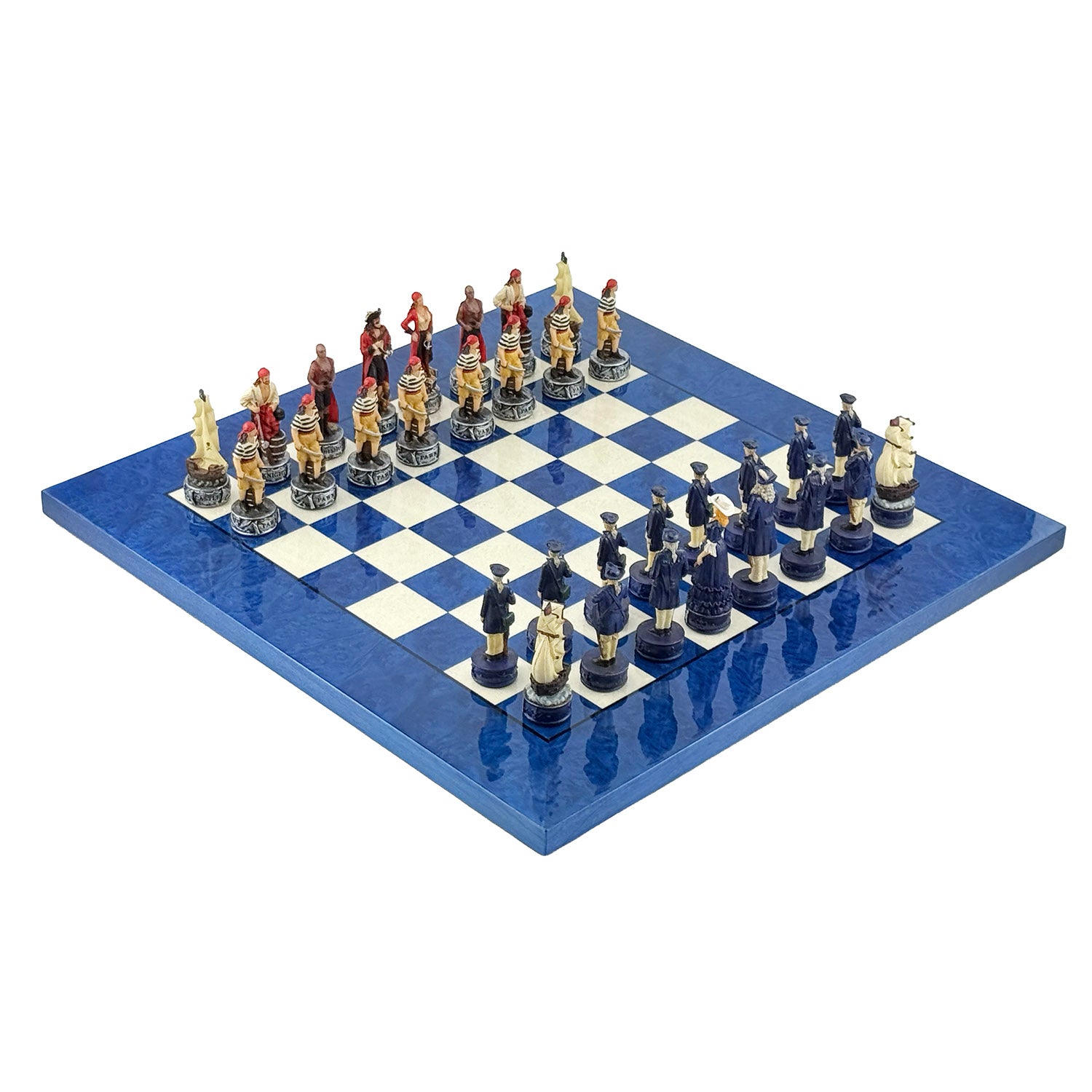 Piraten-Schachset 8 cm + MADRONA Schachbrett weiß/blau 42 cm