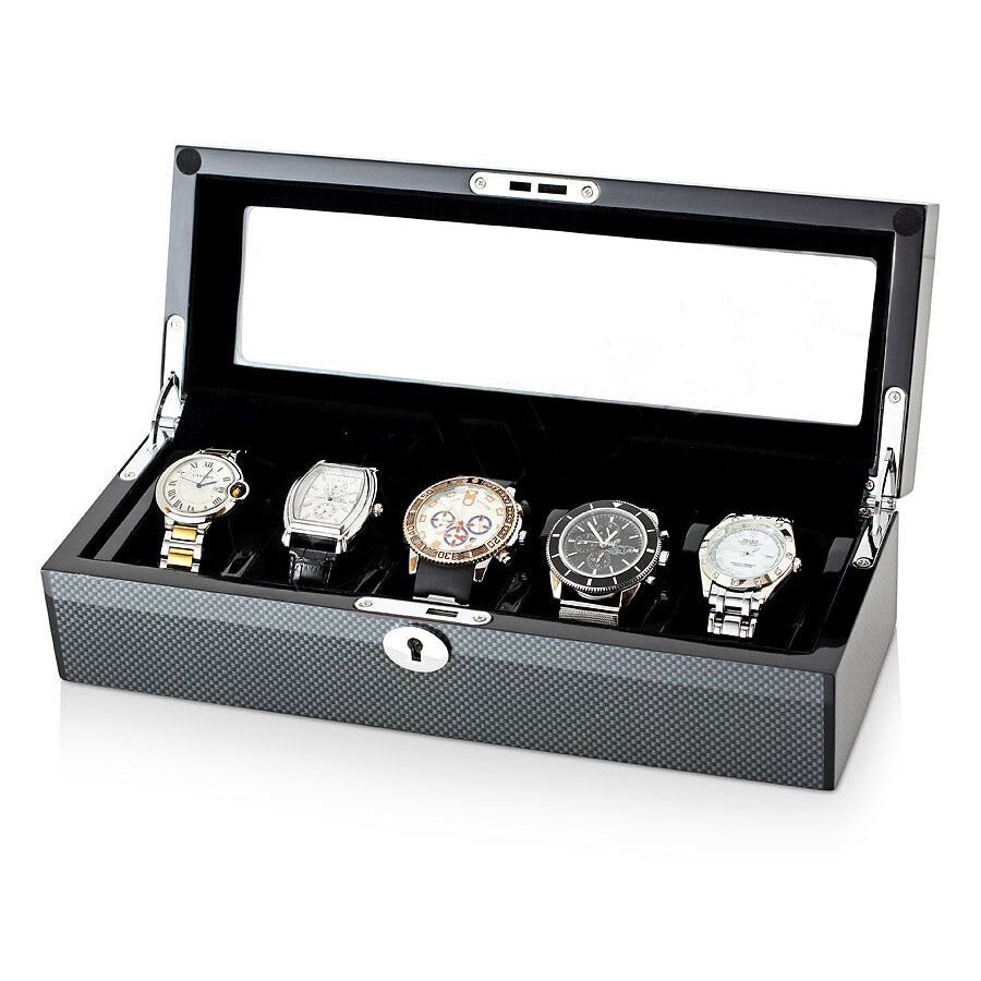 Premium Carbon Fiber Watch Box Organizer for 5 Watches – High-Gloss Lacquer Finish & Black Suede