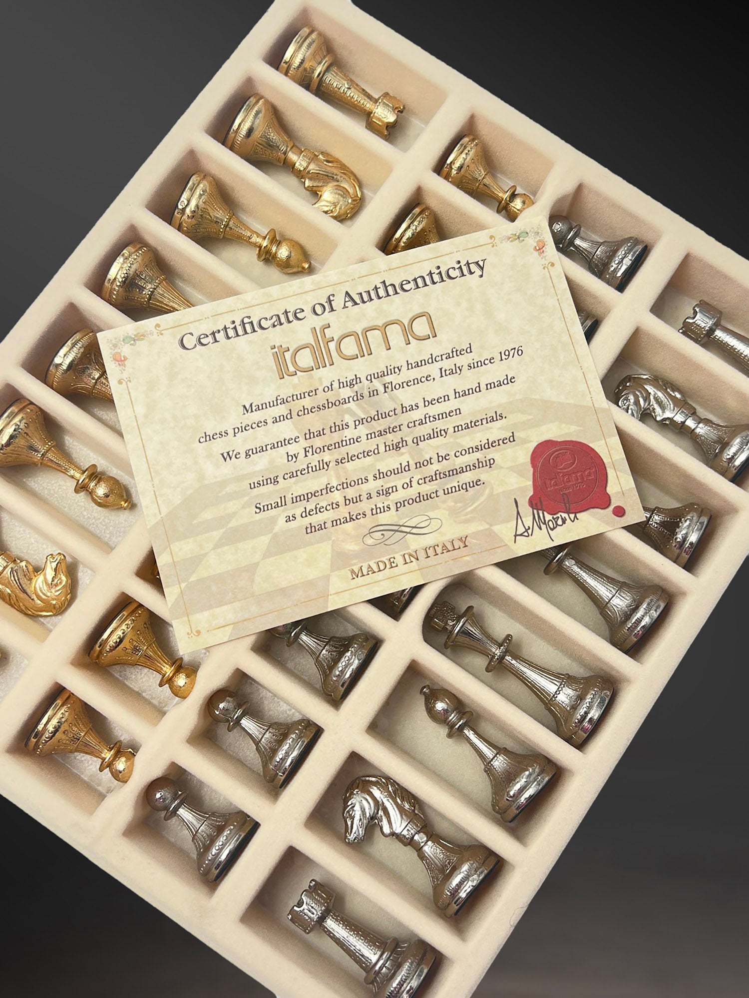 24k Gold & 925 Silver Plated Italfama Mignon Fiorito Chess Set with Eco-Leather Board (26x26 cm)