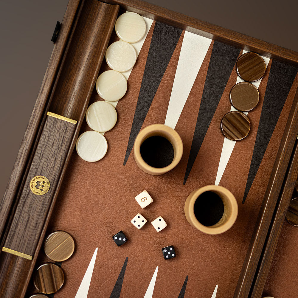 Manopoulos Kunstleder-Backgammon 30x20cm Walnuss Ahorn Eiche Intarsien Öko-Leder