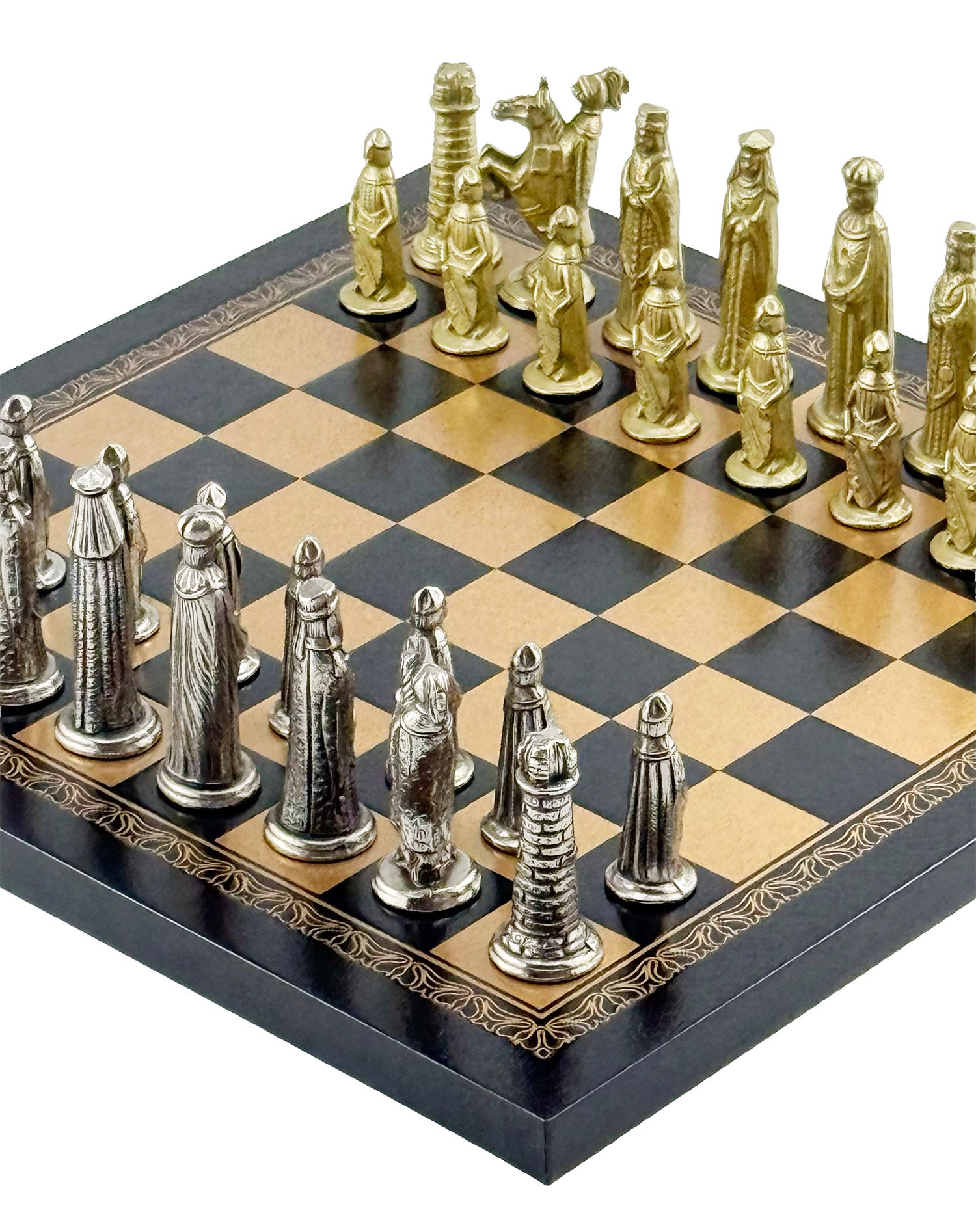 Italfama Medioevale Metal Chess Set with Eco-Leather Chessboard