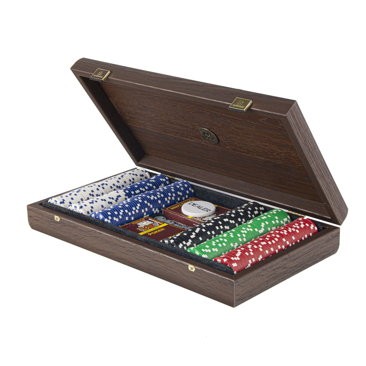 Luxuriöses Manopoulos Poker-Set, 300 Chips, dunkles Walnussgehäuse, 39x22 cm
