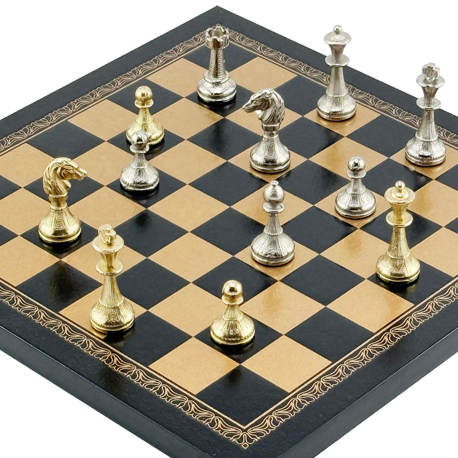 24k Gold & 925 Silver Plated Italfama Mignon Fiorito Chess Set with Eco-Leather Board (26x26 cm)