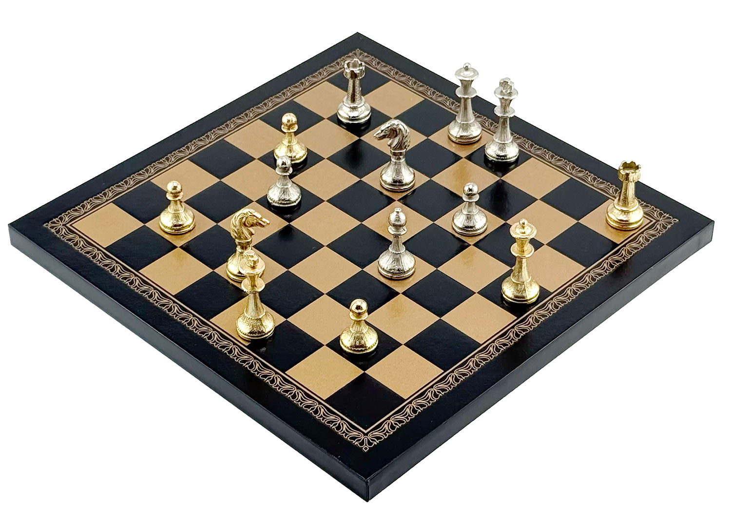 24k Gold & 925 Silver Plated Italfama Mignon Fiorito Chess Set with Eco-Leather Board (26x26 cm)